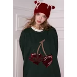 ELFSACK Y2K Sweet Loose Cherry Embroidery Faux Collar Ruffle Hem Short Dress For Women - Image 3