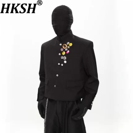 HKSH Spring Autumn New Men Tide China-Chic Brooch Padded Shoulder Buttons Design Blazer Coat High-End Elegant Suit-Pants HK14354