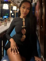 Nsauye Autumn Winter Women 2025 Sexy Night Club Mini Wrap Hollow Out Party Dress Fashion Elegant Evening Short Dress Long Sleeve - Image 2