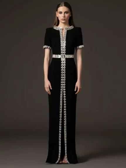 HIGH STREET Newest Fashion 2025 Designer Party Women's Short Sleeve Luxurious Diamonds Beaded Long Maxi Dress