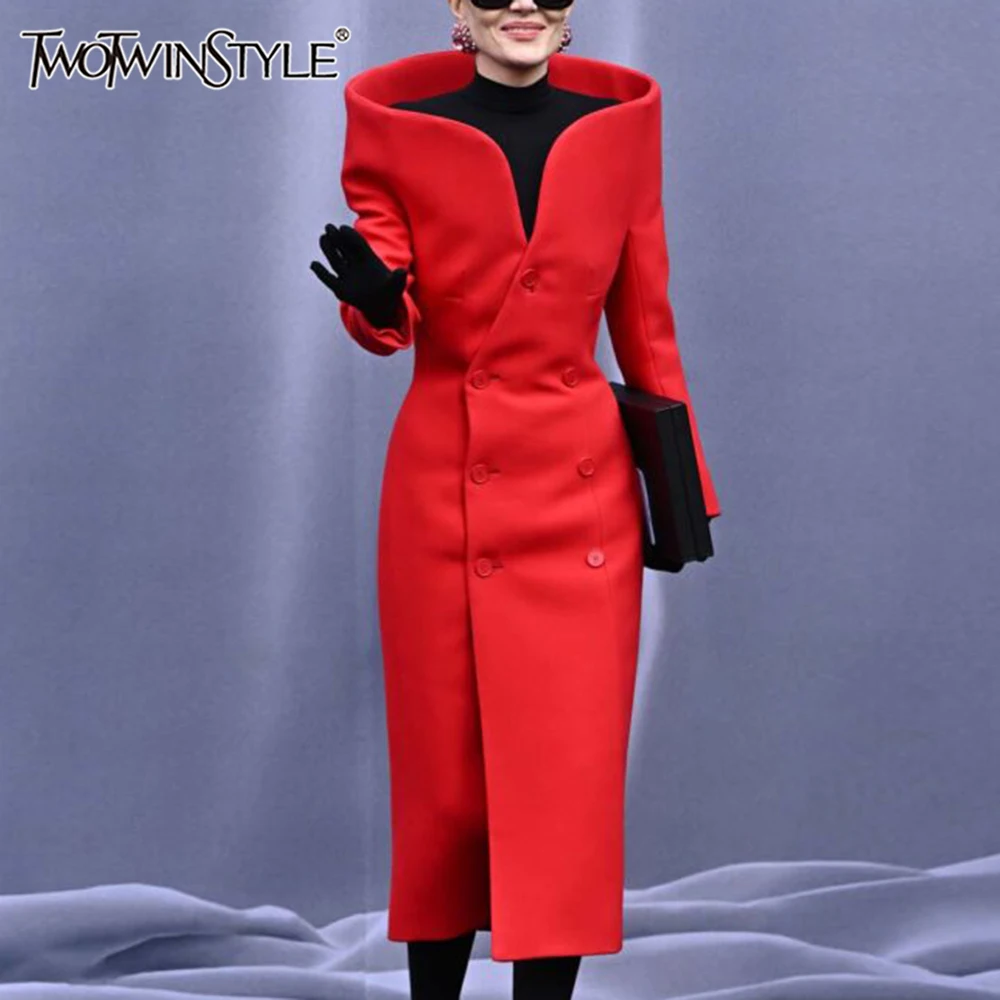 kf-Se0e799d7a88e446eaa4b4ab48c5644e5a TWOTWINSTYLE Solid Slimming Designer Trench For Women V Neck Long Sleeve Patchwork Double Breasted Formal Coats Female Fashion - Image 1