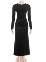 JULISSA MO Patchwork Satin Long Sleeve Women Maxi Dress Brown Round Neck High Waist Dress Winter New Elegant Party Evening Dress - Image 2