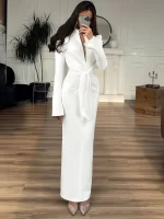 Trendix Lace Up Elegant Evening Dress Female 2025 Autumn Sexy Deep V Neck Long Sleeve Maxi Dresses Party Slim Commute Long Dress