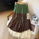 Women's Retro Art A-line Midi Dress Lace Paneling Ruched Shirring Green Autumn Japanese Y2K Niche Harajuku Pastoral Fairy Skirt - Image 2