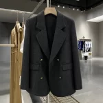 2026 Korean Dark Grey Wool Suit Jacket Women Woolen Blazers Autumn Winter Vintage Double-breasted Casual Tops Lady Office Coats - Image 2