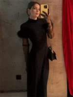 Tossy Black Fashion Fluffy Long Dress Female Short Sleeve Elegant High Waist Patchwork Slim Party Dress Women Spring Maxi Dress - Image 4