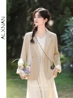 ALXNAN Women's Blazer Light Khaki Casual Office Lady Single Breasted Suit Jacket Fall Loose-fit Long Sleeve Coats Female L33582 - Image 2