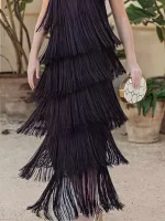 Asymmetric High Waisted Slim Fitting Tassel Dress Sleeveless Hollow Out Layered Party Dress Women's Sexy Backless Party Dresses