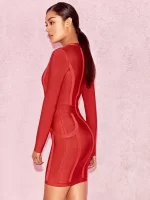 HQBORY Deep V Plunge Red Bandage Women Dress Evening Maxi Long Sleeves Black Zipper Supper Mini Dress Bodycon Party Club Vestido - Image 2