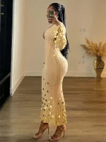 Sequin Sexy Knit Long Dress Female See-Through High Waist Elegant Beach Holiday Party Dress Women's Knitwear Maxi Dress - Image 2