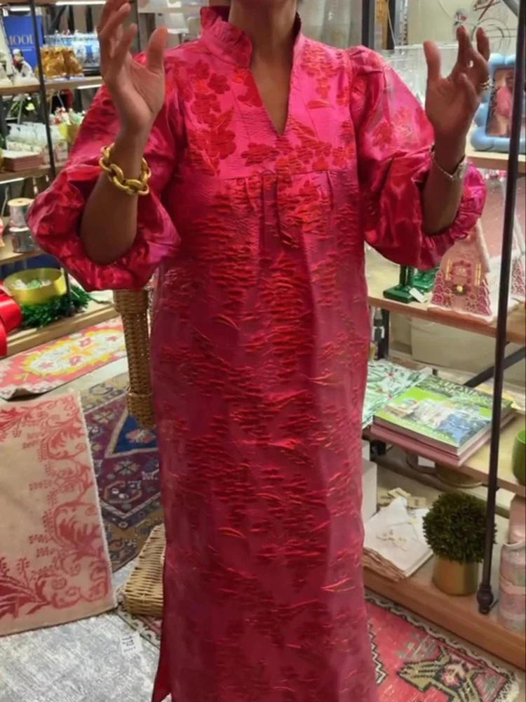 kf-Se4a4067e79c147dba63e50fd0f1f33949 Elegant V-neck Jacquard Long Sleeve Dress Fashion Casual Loose Commute Robes Women Autumn New Side Split Pleated A-line Dresses - Image 1