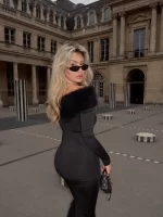 Solid Faux Fur Patchwork Strapless Maxi Dress Women Elegant Full Sleeve Off-shoulder Waist Cinching Dresses Lady Party Gown New - Image 3