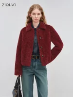 ZIQIAO 2025 Winter Women's Short Faux Wool Fur Jacket with Lapel Collar - Plush Fleece Thermal Coat for Street Office Casual