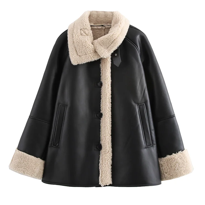 kf-Se8f6c7d5f7d14233b1d45ec75218be99r Cool Lady Faux Leather Loose Jacket Moto Street Style Lapel PU Coat Famale Fashion Streetwear Solid Winter Women Warm Outerwear - Image 1