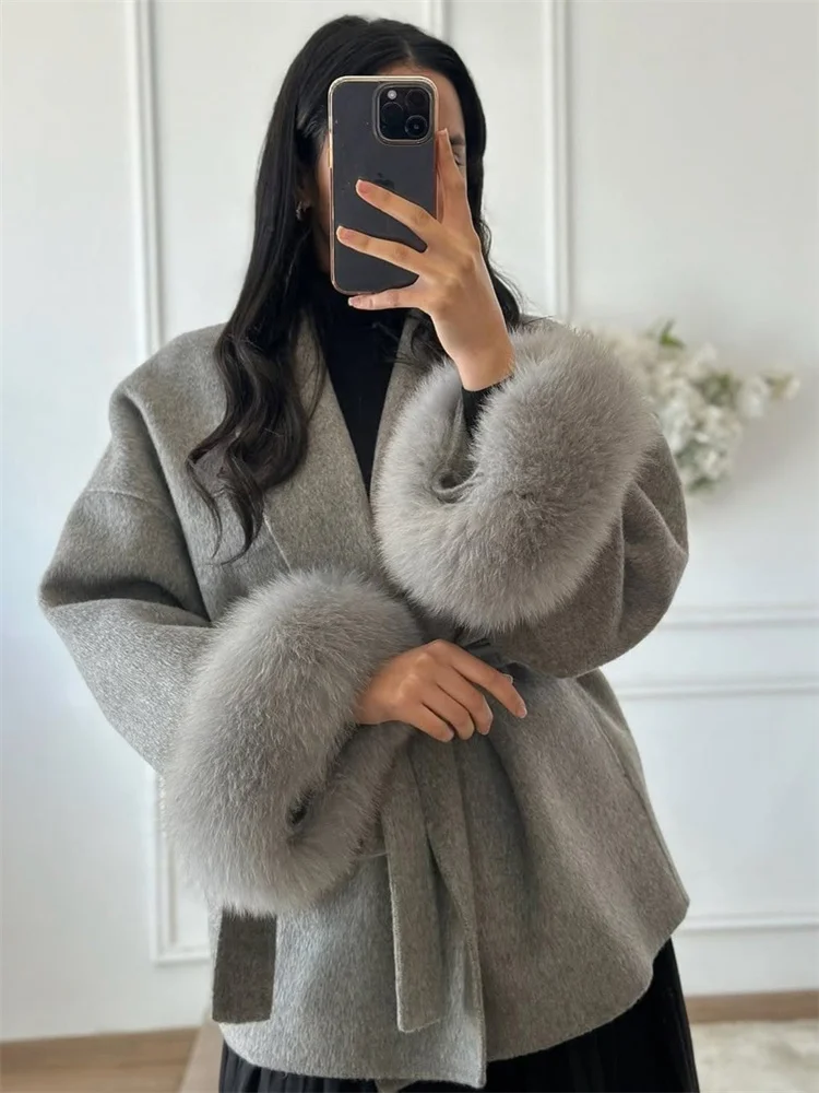 kf-Seb290325182b4173975206aa7cb17408c Tossy Fox Fur Wool Overcoat Women's Short Coat Office Lady Elegant Double-sided Woolen Coat 2025 New Cardigan Jackets Loose Wool - Image 1
