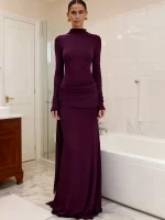 JULISSA MO Turtleneck Long Sleeve Ribbons Women Maxi Dress Round Neck High Waist Dress Winter Skinny Elegant Party Evening Dress