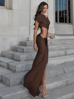 Elegant Brown Curvy Maxi Dress Sexy Women's Irregular Ruched High Waist Hollow Out Dresses Evening Party Silver Red Black New - Image 2