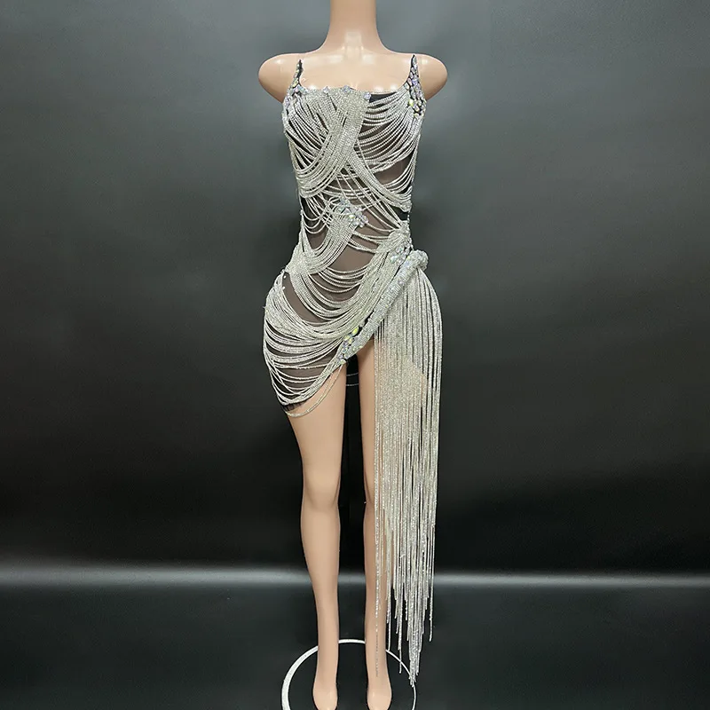 kf-Sf03fb49c59364dcbb70701739cdc20feF Luxury Dress Sexy Women's Shiny Beaded Rhinestone Dress Silver Stage Talent Performance Dress Birthday Celebration Party Dress - Image 1