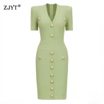 ZJYT Elegant Women's Midi Knitting Sweater Dresses Green 2025 Fashion Designer V Neck Short Sleeved Buttons Bodycon Party Dress - Image 2