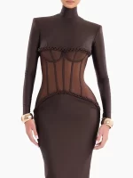 Luxury Sheer Corset Brown Long Dresses for Women – Long Sleeve High Neck See Through Bodycon Maxi Dress with Mesh Waist Detail - Image 4