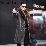 YOLANFAIRY Natural Wool Fur Coat Man Winter Mid-length Luxury Genuine Sheepskin Leather Jacket Men Raccoon Fur Collar Fur Coats - Image 2