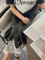 Satin Lace Patchwork Midi Skirt 2025 Women A-line Elegant Smooth Skirt Women Clothing - Image 2