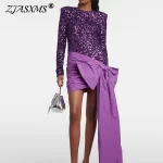 Stylish Sexy Big Bowknot Design Pleated Dresses Women Spring Elegant O Neck Slim Mini Dress Fall Long Sleeve Sequins Party Dress