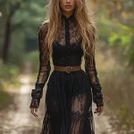 Spring Autumn Chic Long Sleeve O-Neck Prom Dress Retro Black Sexy Zipper Long Dress Women's Lace Jacquard Hollow out Party Dress