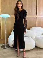 JULISSA MO Patchwork Lace See Through Slit Women Maxi Dress Long Sleeve Deep V-neck Dress Winter New Elegant Party Evening Dress