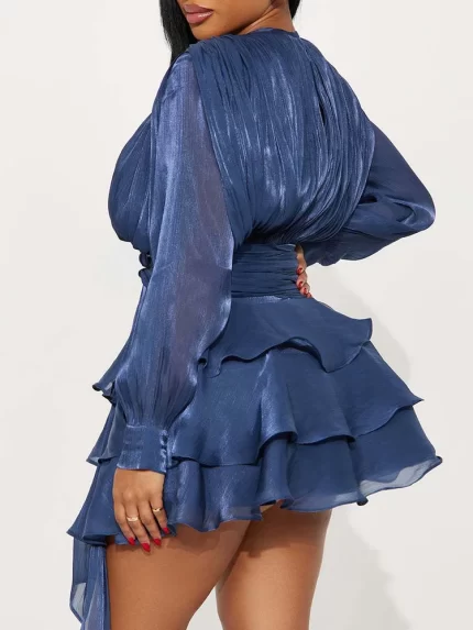 Fashion Hight Waist Draped Solid A-Line Dress Women Casual Long Sleeve Party Dress Elegant O-neck Lace-Up Hollow Cake Mini Dress