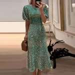 2024 New Lady Temperament Slim Banquet Dress Fashion Shiny Sequin Long Dress Casual O-neck Short Sleeved High Waist Dress Mujer - Image 3