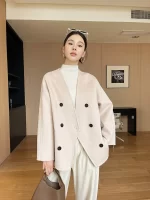 Women 100 Wool Tops Coat Fashion V-neck Short Coats Woolen Jacket Hand Sewing Autumn Winter Wool Blazer Double-Breasted #22 - Image 4
