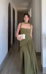 Suninheart Green Dress Women's Evening Dress with Scarf - Lace Up Back High Slit Party Maxi Bodycon Dress for Vacation Wedding - Image 3