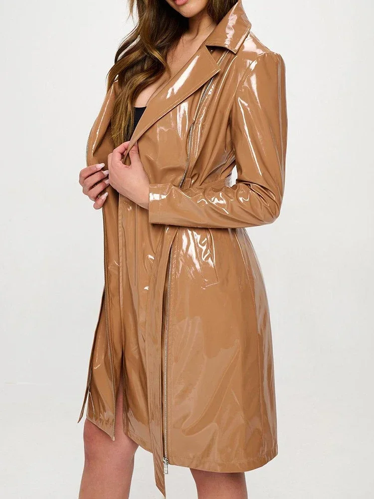 kf-Sf6a2fa782928478c96f8e9bb3da9deb2l Elegant Shiny Patent Leather Trench Coat Women Fashion Long Sleeve Jacket with Belt Pocket Faux Latex PVC Zip Outewear Custom - Image 1