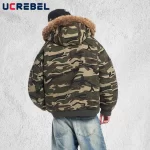 Badge Embroidery Camouflage Padded Jacket Mens Retro High Street Winter Fur Collar Hooded Long Sleeve Thick Outerwear Man - Image 2