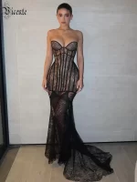 VC Gala Ethereal Glamour Lace-Detailed Black Strapless Backless V Neck Mermaid Gown with Sheer Mesh Maxi Dress