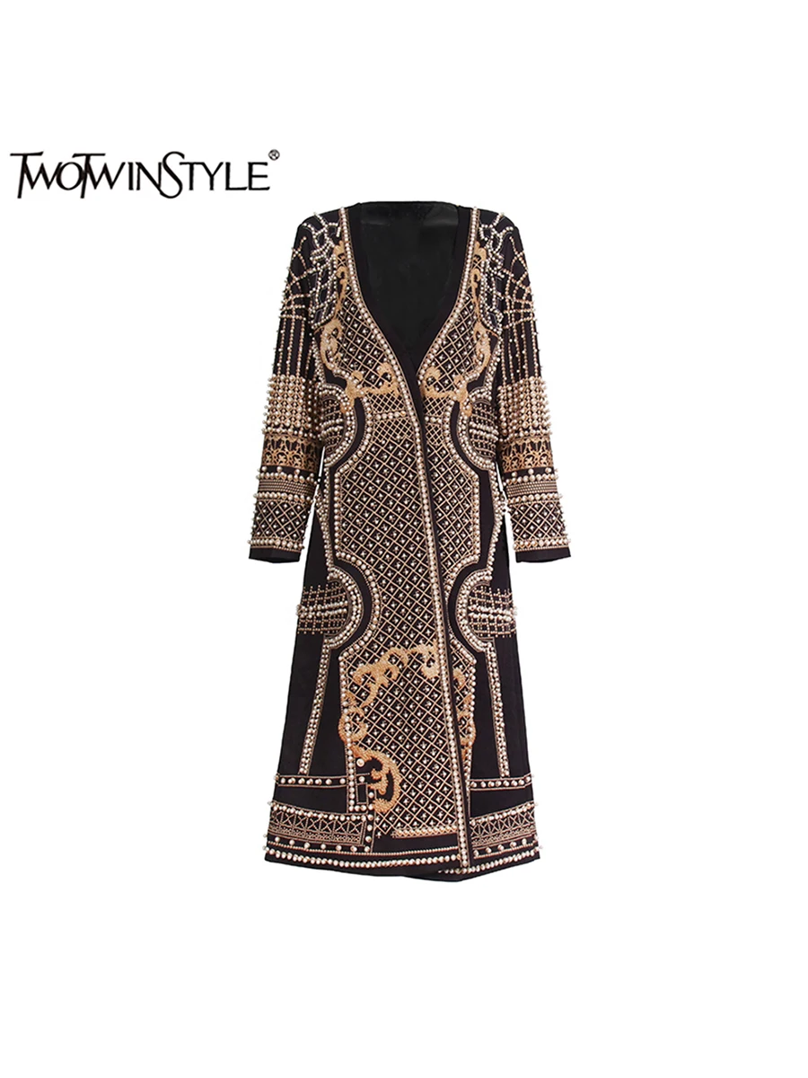 kf-Sf96cbf1d5b104b339e0ad09139b15330b TWOTWINSTYLE Hit Color Temperament Designer Trench For Women V Neck Long Sleeve Spliced Preal Formal Coats Female Fashion New - Image 1