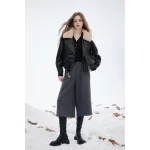 ELFSACK 2025 Winter New Arrivals Y2K Vintage Chic Layered Lapel Faux Leather Short Jacket For Women - Image 2