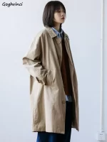 Trench for Women Japanese Style Vintage Simple Solid All-match Chic Ladies Streetwear Spring Khaki Straight Retro Long Sleeve