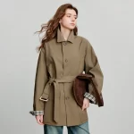 TOYOUTH Women Trench Coat 2025 Autumn New Barn Style Plaid Splicing Long Sleeve Streetwear Mid Length Jacket With Waist Belt - Image 2
