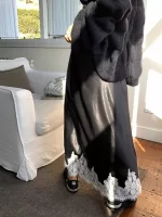 Satin Lace Patchwork Midi Skirt 2025 Women A-line Elegant Smooth Skirt Women Clothing