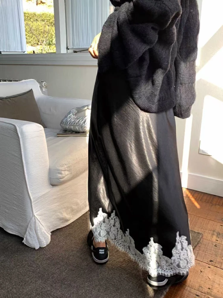 kf-Sfb13295ee49e469486a6252cb52431eeR Satin Lace Patchwork Midi Skirt 2025 Women A-line Elegant Smooth Skirt Women Clothing - Image 1