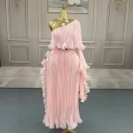 2025 Miyake Fashion Design Dress Slanted Shoulder Solid Color Loose Women's Clothing Medium Length Elegant Dresses Summer New