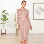 HQBORY High Quality Criss Cross Bandage Dress Long Sleeves Red 2023 For Women Office Lady Strip Bodycon Dress Nude XL Vestidos