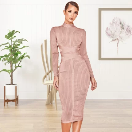 HQBORY High Quality Criss Cross Bandage Dress Long Sleeves Red 2023 For Women Office Lady Strip Bodycon Dress Nude XL Vestidos