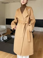 Dual Purpose Collar Wool Coat Horn Button Women 100% Wool Overcoat Double-Layers Autumn Winter Long Jacket Thick Trench Coat #23 - Image 3