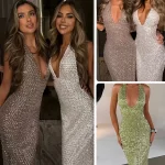 Deep V-neck Sequins Backless Halter Evening Dress Temperament High Waist Slim Wrap Hips Dress Lady Sleeveless Off Shoulder Dress - Image 2