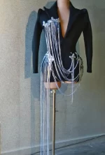 Collar Birthday Evening Party Nightclub Dress Singer Dress Flashing Tassels Chains Mini Dress Black Color Fashion Suit - Image 2