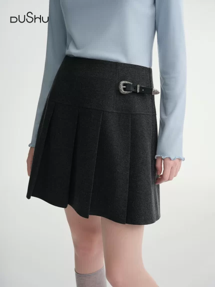 DUSHU Long Pleated Skirt Women Gray Solid Simple Basics 2025 Autumn and Winter High Waist A-line Mini Skirt Korean Style