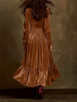 Vintage Hign-end Solid Velvet Long Dress Elegant V-neck Long Sleeve Pleat Evening Dress Lady Autumn Winter Casual Vacation Dress - Image 2